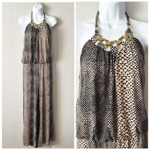 Janine Gold Hammered Metallic Snake Print Wide Leg Jumpsuit Women's Size Small